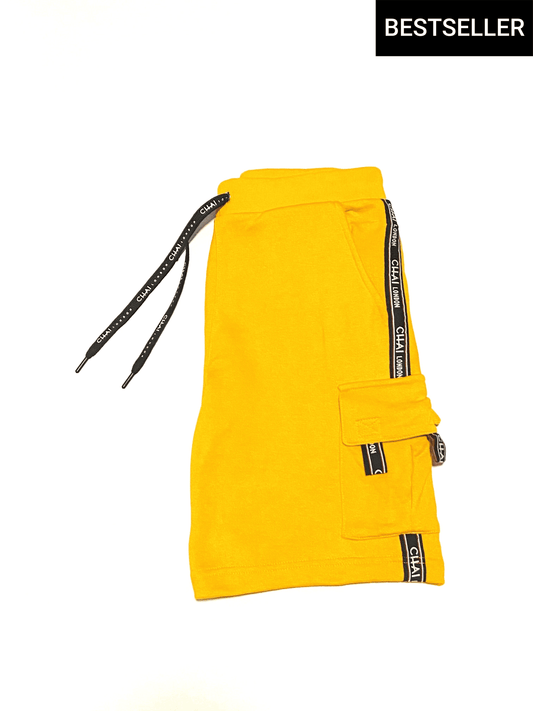 Yellow French Terry Cargo Shorts with logo tape