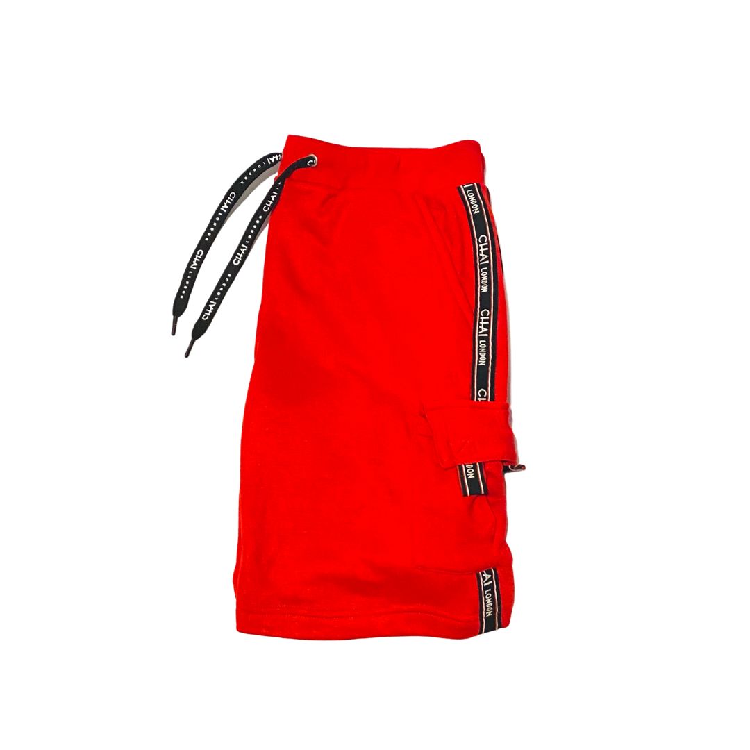 Red French Terry Cargo Shorts with logo tape