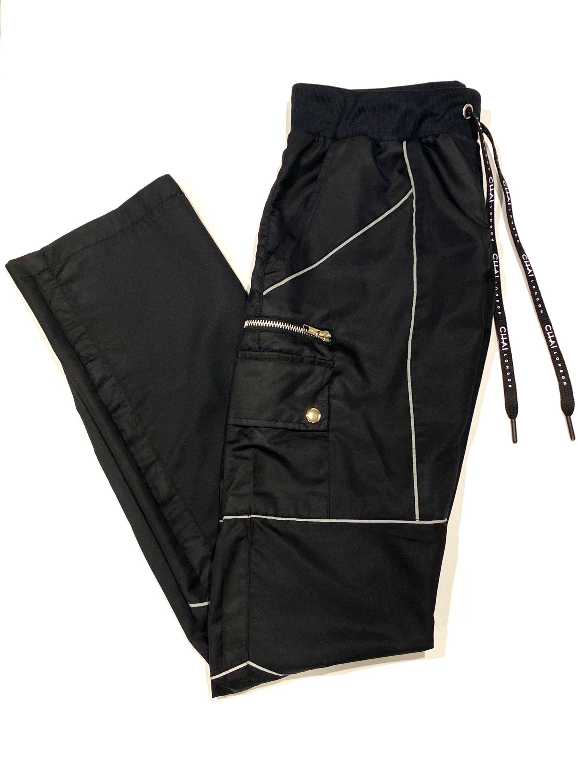 Reflective Piping Nylon Track Pants - Black