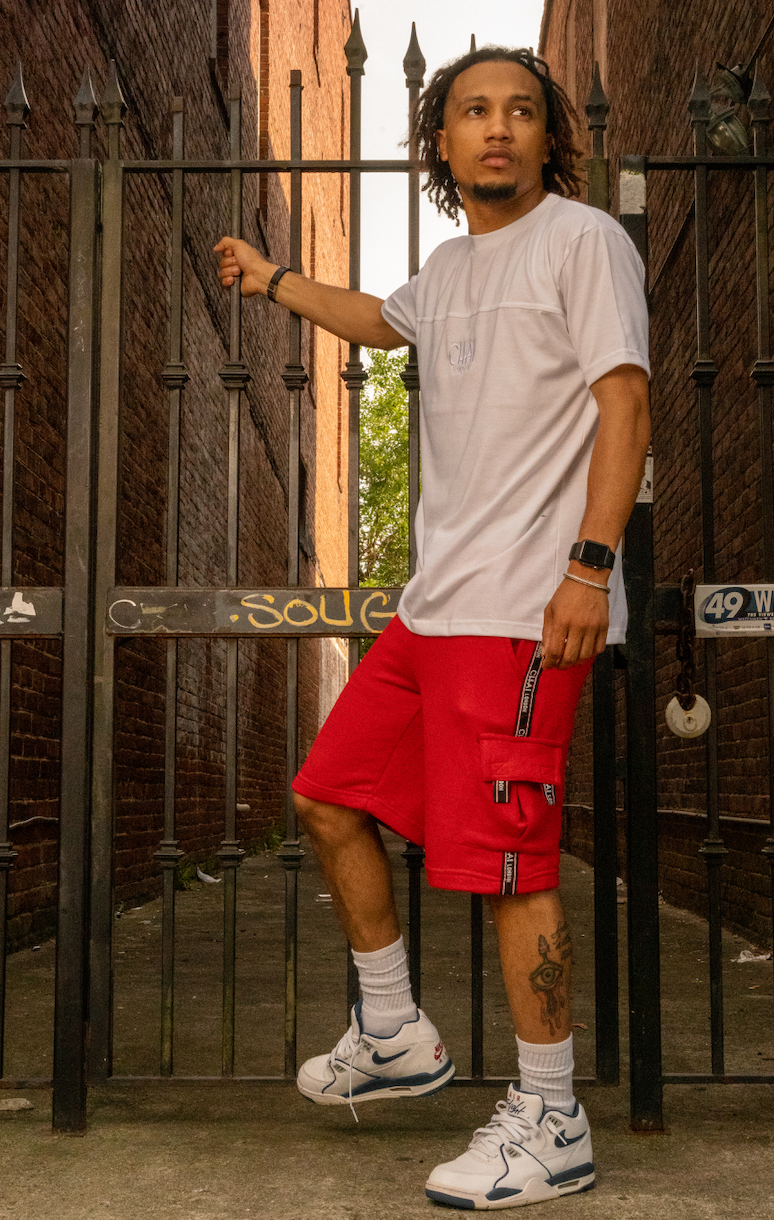 Red French Terry Cargo Shorts with logo tape